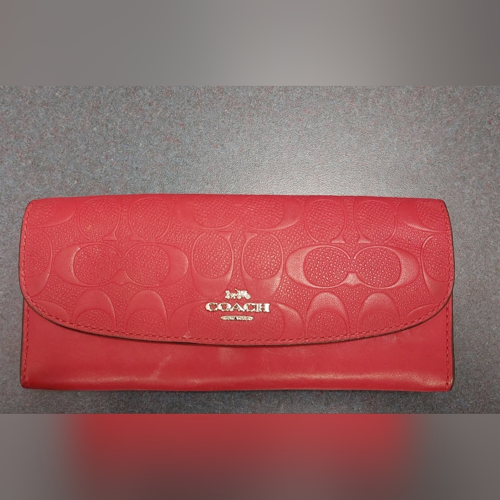 Coach Red Embossed Signature Continental Wallet with Gold Logo